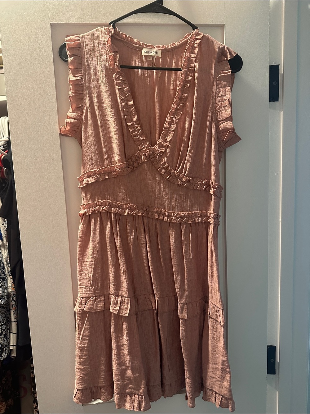 Ruffle-Trim V-Neck Midi Dress in Dusty Rose